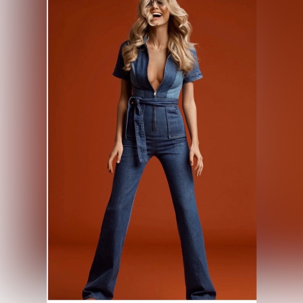 NEW Rare Stoned Immaculate Blue Jean Baby Denim Jumpsuit 70s Flared-Small/4-NWT